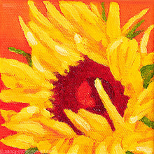 Load image into Gallery viewer, a painting by fine artist Nancy McLennon of a yellow sunflower with a red center on an orange background