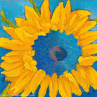 a painting by fine artist Nancy McLennon of a yellow sunflower with a blue center on dark blue background