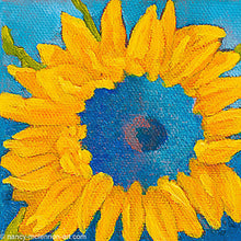 Load image into Gallery viewer, a painting by fine artist Nancy McLennon of a yellow sunflower with a blue center on dark blue background