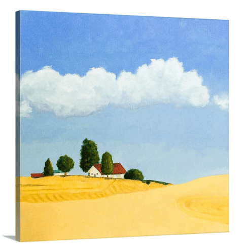 A painting, by fine artist, Nancy McLennon of golden farm fields near Spokane, little red-roofed farmhouse, a clear blue sky with fluffy white clouds 