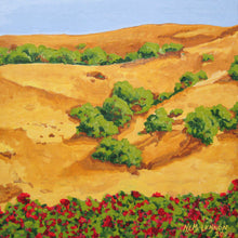 Load image into Gallery viewer, A painting of a sunburnt Sonoma, California hillside with yellow grasses, mixed with red roses and shrubbery, under a clear blue sky