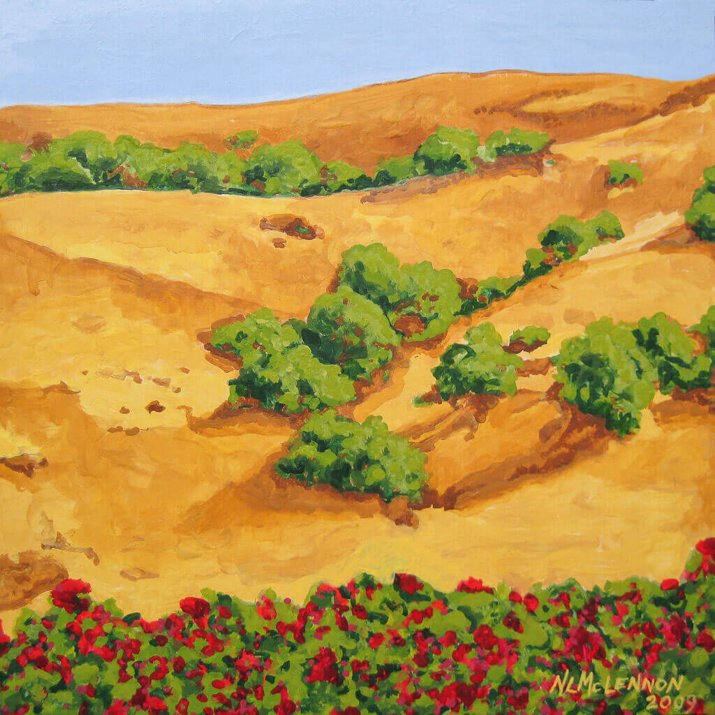 A painting of a sunburnt Sonoma, California hillside with yellow grasses, mixed with red roses and shrubbery, under a clear blue sky
