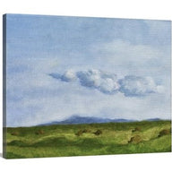 A side view of a painting of a green springtime pasture in a Sonoma, California with rolling hills, billowing distant clouds, blue sky, and many piles of unwrapped hay laying in the abundant grasses
