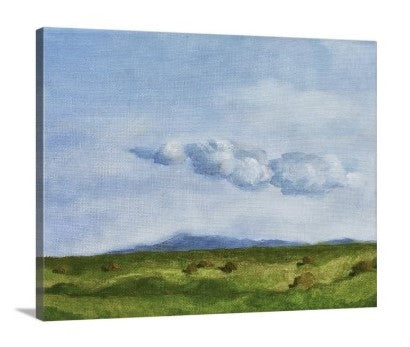 A side view of a painting of a green springtime pasture in a Sonoma, California with rolling hills, billowing distant clouds, blue sky, and many piles of unwrapped hay laying in the abundant grasses