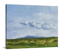 Load image into Gallery viewer, A side view of a painting of a green springtime pasture in a Sonoma, California with rolling hills, billowing distant clouds, blue sky, and many piles of unwrapped hay laying in the abundant grasses