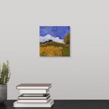 Load image into Gallery viewer, painting of a foggy morning at a Sonoma, California farm field with golden and green crops with burgundy shadows flanked by a single sunlit pine tree hanging over a black desk