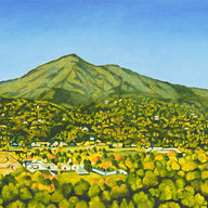 an original painting, by fine artist, Nancy McLennon of Mt Tamalpais, the landmark of Marin County, as the morning sun rises, under a clear blue sky. It features the tiny towns under her shadow and their lush trees