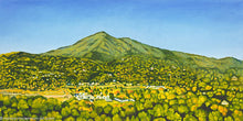Load image into Gallery viewer, an original painting, by fine artist, Nancy McLennon of Mt Tamalpais, the landmark of Marin County, as the morning sun rises, under a clear blue sky. It features the tiny towns under her shadow and their lush trees