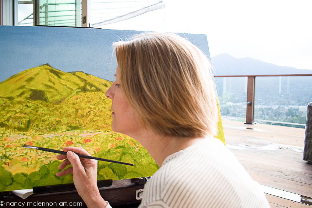 In the art studio with Nancy McLennon as she paints Mt Tamalpais, an iconic landmark of Marin County, as the morning sun rises, under a clear blue sky.