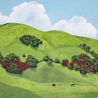 landscape painting of lush green hillsides of Sonoma County, California in the winter rainy season. painting includes dark green shrubs blooming with red flowers and two horses feeding on the green grass by fine artist artist Nancy McLennon