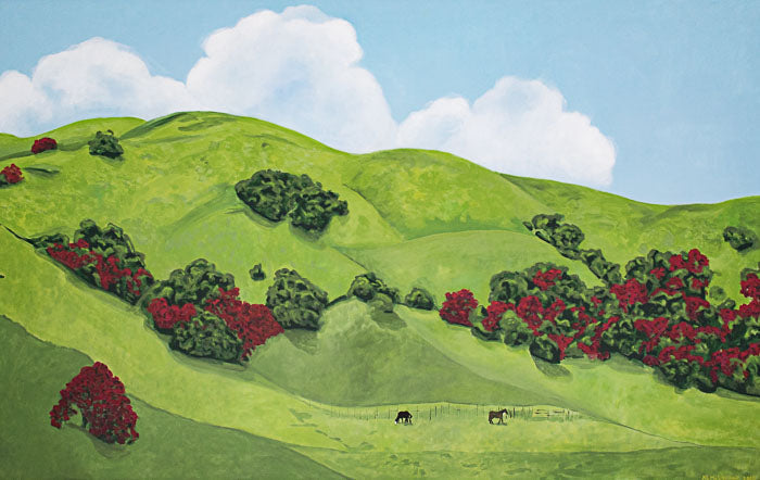 landscape painting of lush green hillsides of Sonoma County, California in the winter rainy season. painting includes dark green shrubs blooming with red flowers and two horses feeding on the green grass by fine artist artist Nancy McLennon