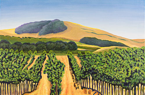 A painting, by fine artist Nancy McLennon, of a lush purple and green vineyard with golden hills and clear blue sky
