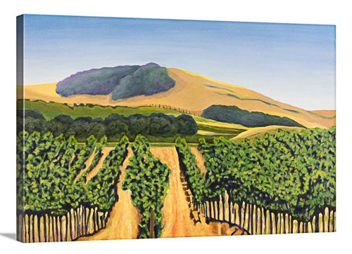 A painting, by fine artist Nancy McLennon, of a lush purple and green vineyard with golden hills and clear blue sky