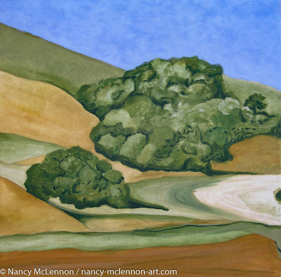 A landscape painting of golden and straw-colored hillside in Marin County, with rows of trees under a blue sky