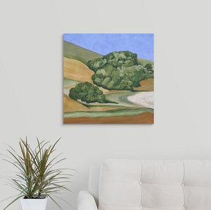 A landscape painting of golden and straw-colored hillside in Marin County, with rows of trees over a white couch
