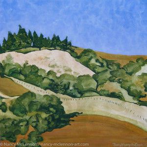 A diptych landscape painting of golden and straw-colored hillside in Marin County, with rows of trees under a blue sky