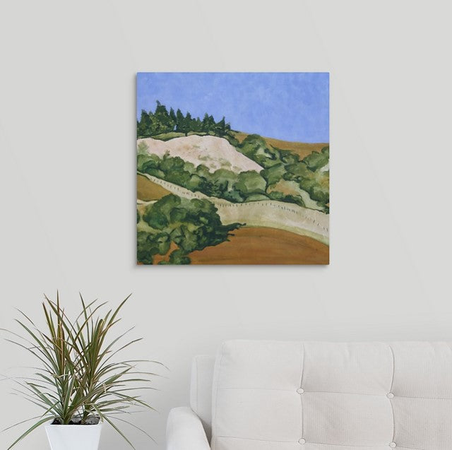 A landscape painting of golden and straw-colored hillside in Marin County, with rows of trees over a white couch