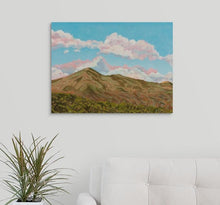 Load image into Gallery viewer, Sunlit Mt Tamalpais, the landmark of Marin County, with a clear blue sky, and rows of trees and their shadows on a white wall, over a white couch