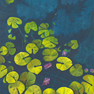 A painting, by fine artist Nancy McLennon, of a deep blue & aqua blue pond with floating golden yellow lily pads and purple flower blooms