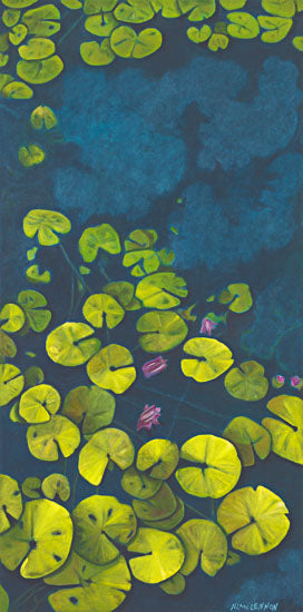 A painting, by fine artist Nancy McLennon, of a deep blue & aqua blue pond with floating golden yellow lily pads and purple flower blooms