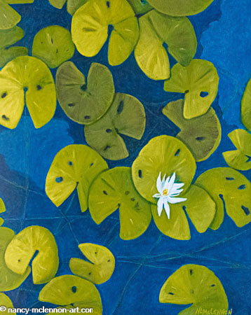 A painting, by fine artist Nancy McLennon, of a deep blue & aqua blue pond with floating golden yellow lily pads and white flower blooms