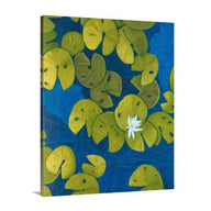 A side view of a painting by fine artist Nancy McLennon, of a deep blue & aqua blue pond with floating golden yellow lily pads and white flower blooms