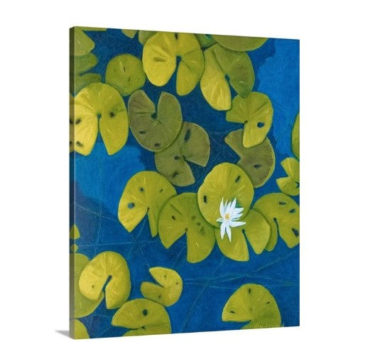 A side view of a painting by fine artist Nancy McLennon, of a deep blue & aqua blue pond with floating golden yellow lily pads and white flower blooms