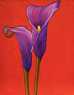 A painting by fine artist Nancy McLennon, by two deep purple calla lilies on red background