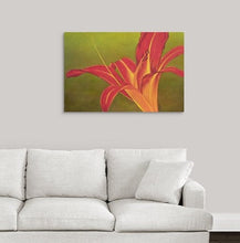 Load image into Gallery viewer, A painting, by fine artist Nancy McLennon, of a single Ruby Spider day lily on green background hanging over a couch