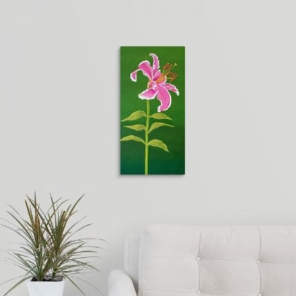 A painting, by fine artist Nancy McLennon, of a single Stargazer lily on green background hanging over desk