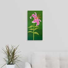 Load image into Gallery viewer, A painting, by fine artist Nancy McLennon, of a single Stargazer lily on green background hanging over desk