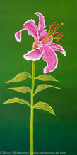 Load image into Gallery viewer, A painting, by fine artist Nancy McLennon, of a single Stargazer lily on green background