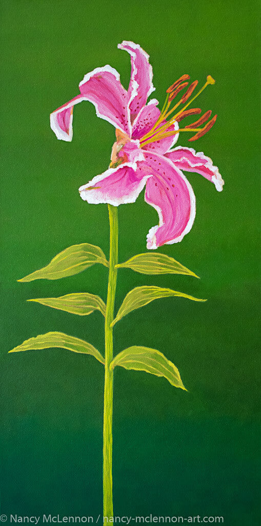 A painting, by fine artist Nancy McLennon, of a single Stargazer lily on green background