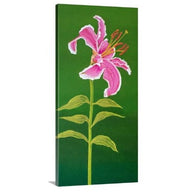 A painting, by fine artist Nancy McLennon, of a single Stargazer lily on green background sideview