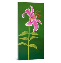 Load image into Gallery viewer, A painting, by fine artist Nancy McLennon, of a single Stargazer lily on green background sideview