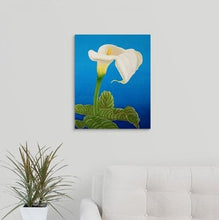 Load image into Gallery viewer, A painting, by fine artist Nancy McLennon, of a single White calla lily on blue background hanging over a couch
