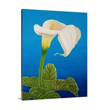 Load image into Gallery viewer, A side view of a painting by fine artist Nancy McLennon, of a single White calla lily on blue background