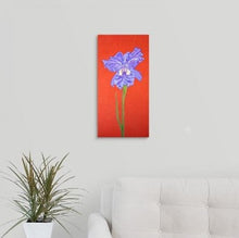 Load image into Gallery viewer, A painting, by fine artist Nancy McLennon, of a single Iris in full bloom on red background hanging over a couch