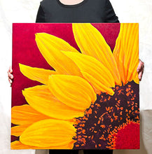Load image into Gallery viewer, Original - Large Sunflower on purple background with red center - 24&quot;H x 24&quot;W x 5/8&quot;D