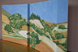A diptych landscape painting of golden and straw-colored hillside in Marin County, with rows of trees under a blue sky