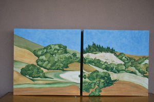 A diptych landscape painting of golden and straw-colored hillside in Marin County, with rows of trees under a blue sky