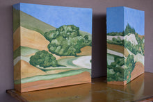 Load image into Gallery viewer, A diptych landscape painting of golden and straw-colored hillside in Marin County, with rows of trees under a blue sky