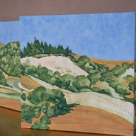 A diptych landscape painting of golden and straw-colored hillside in Marin County, with rows of trees under a blue sky