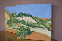 Load image into Gallery viewer, A diptych landscape painting of golden and straw-colored hillside in Marin County, with rows of trees under a blue sky