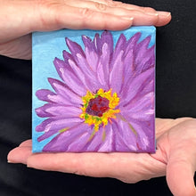 Load image into Gallery viewer, Original - Purple Gerber daisy on blue - 4&quot;H x 4&quot;W x 1-1/2&quot;D